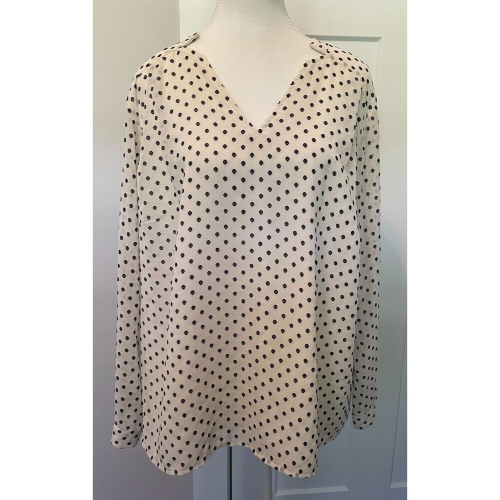 TALBOTS Womens Popover TOP Long Sleeve IVORY Black DOTS Size 2XP